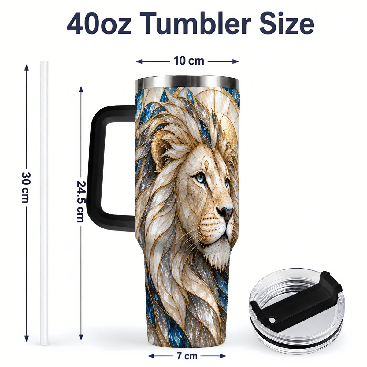 #pl[40oz|Black] White Lion 40oz Tumbler, Blue Gold Stained Glass Style Artwork