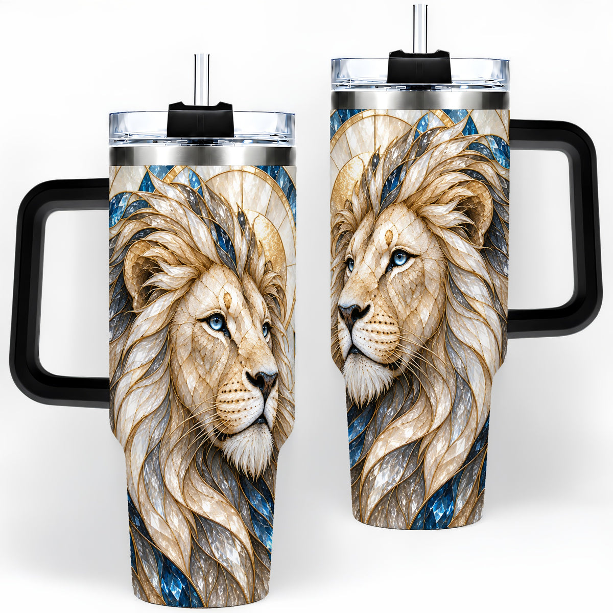 #pl[40oz|Black] White Lion 40oz Tumbler, Blue Gold Stained Glass Style Artwork