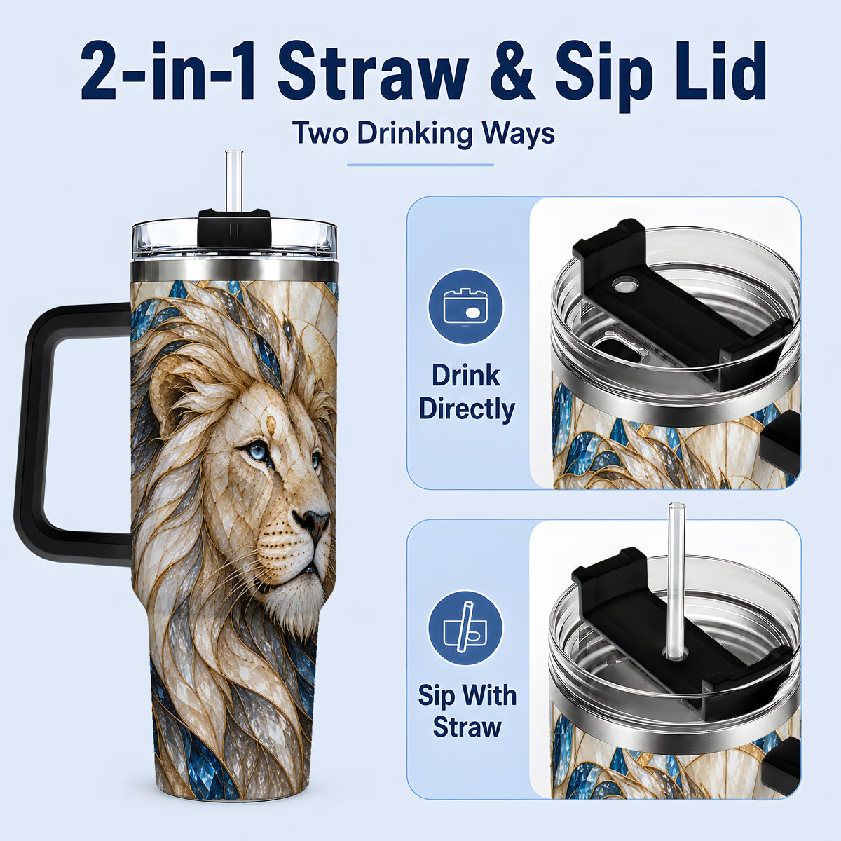 #pl[40oz|Black] White Lion 40oz Tumbler, Blue Gold Stained Glass Style Artwork
