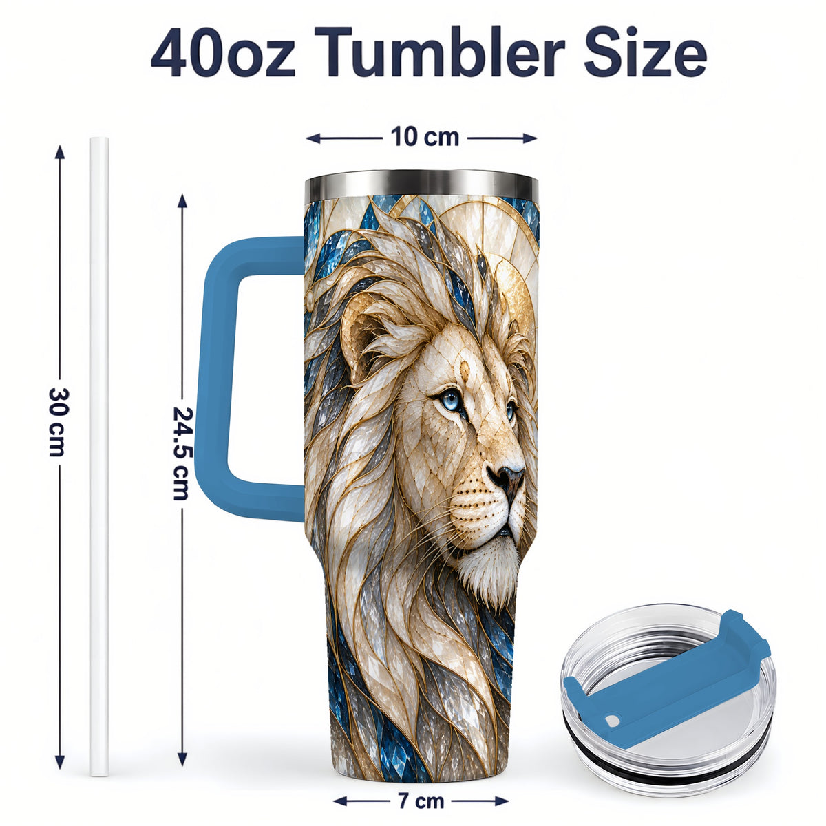 #pl[40oz|Blue] White Lion 40oz Tumbler, Blue Gold Stained Glass Style Artwork