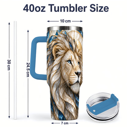 #pl[40oz|Blue] White Lion 40oz Tumbler, Blue Gold Stained Glass Style Artwork