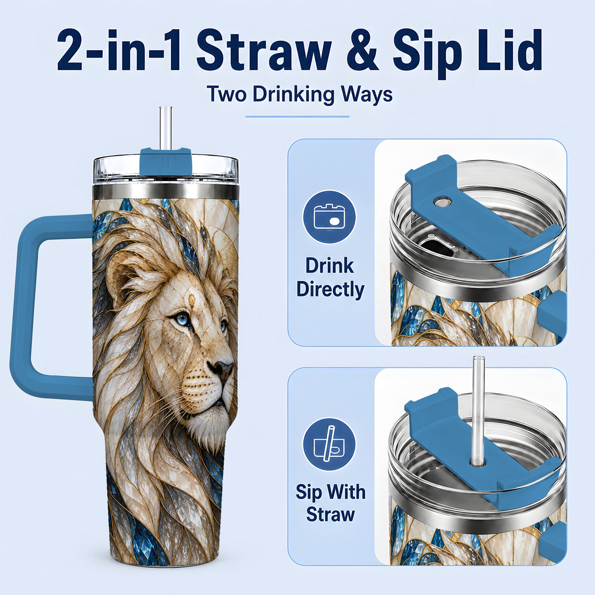 #pl[40oz|Blue] White Lion 40oz Tumbler, Blue Gold Stained Glass Style Artwork