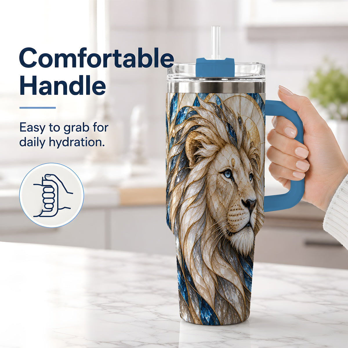 #pl[40oz|Blue] White Lion 40oz Tumbler, Blue Gold Stained Glass Style Artwork