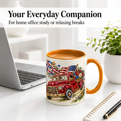 #pl[11oz|Orange] Patriotic Pickup Accent Mug, Ceramic Mug with Flag and Floral Art