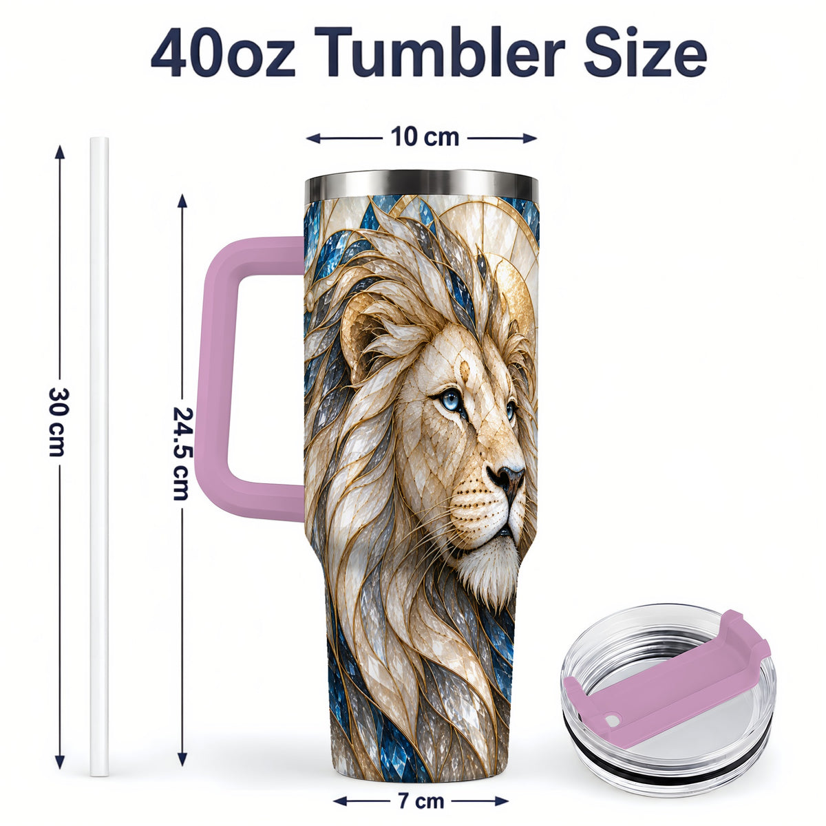#pl[40oz|Pink] White Lion 40oz Tumbler, Blue Gold Stained Glass Style Artwork