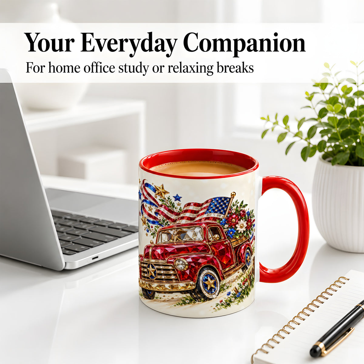 #pl[11oz|Red] Patriotic Pickup Accent Mug, Ceramic Mug with Flag and Floral Art