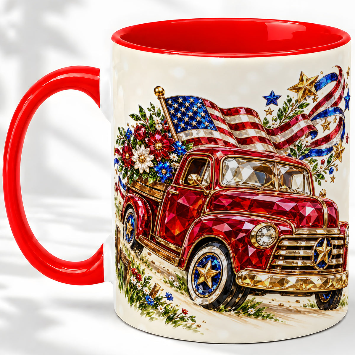 Patriotic Pickup Accent Mug, Ceramic Mug with Flag and Floral Art