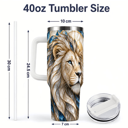 #pl[40oz|White] White Lion 40oz Tumbler, Blue Gold Stained Glass Style Artwork