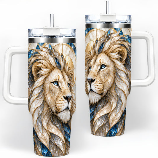 White Lion 40oz Tumbler, Blue Gold Stained Glass Style Artwork