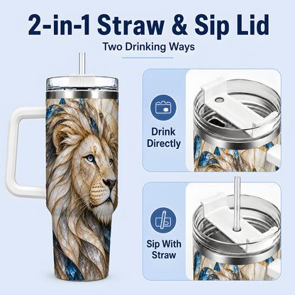 #pl[40oz|White] White Lion 40oz Tumbler, Blue Gold Stained Glass Style Artwork