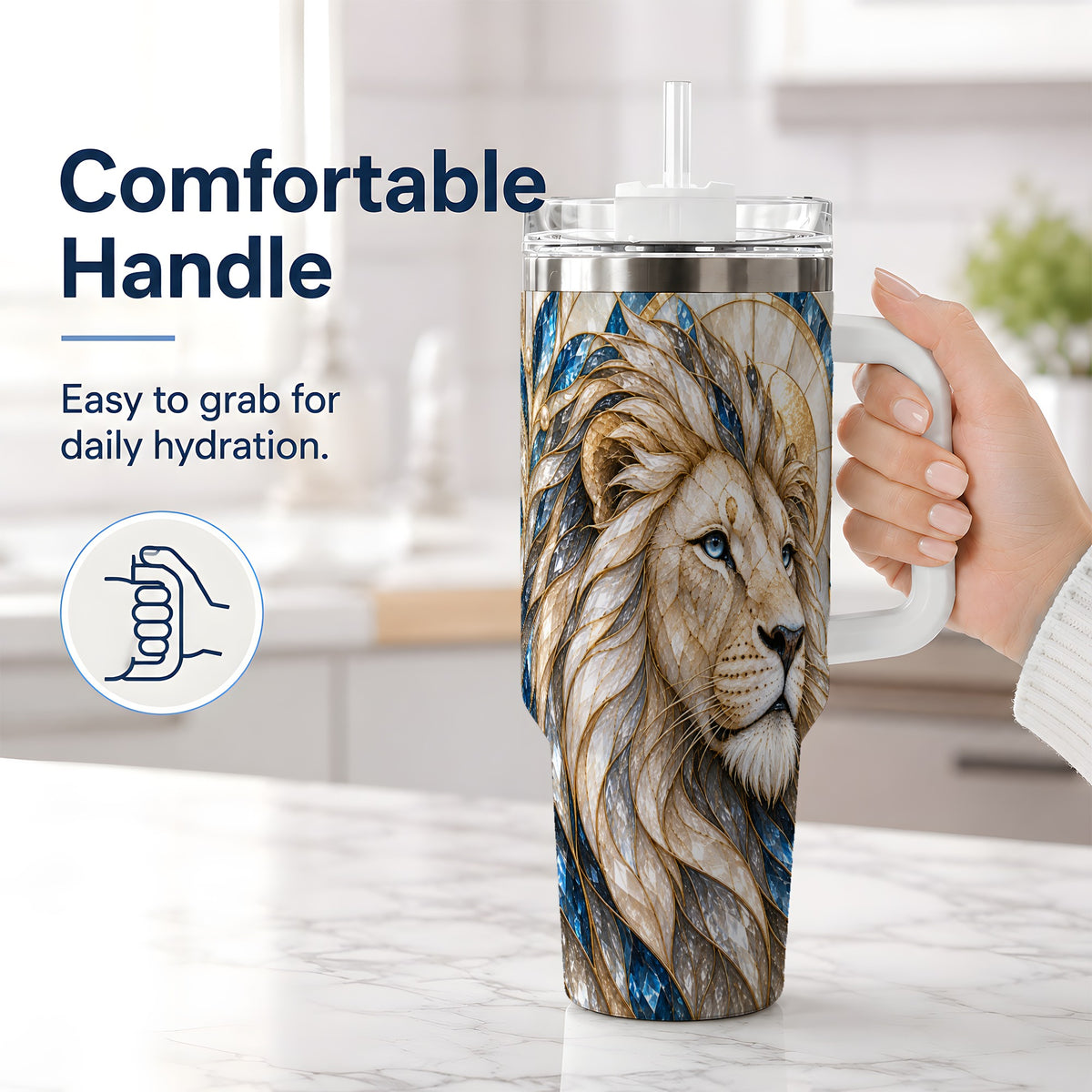 #pl[40oz|White] White Lion 40oz Tumbler, Blue Gold Stained Glass Style Artwork
