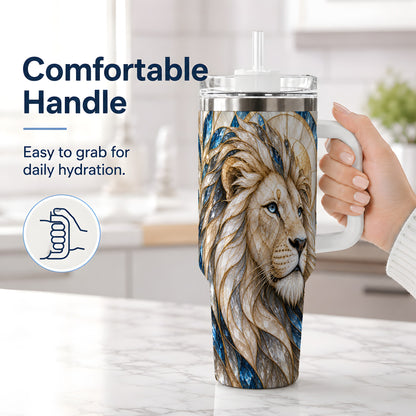 #pl[40oz|White] White Lion 40oz Tumbler, Blue Gold Stained Glass Style Artwork