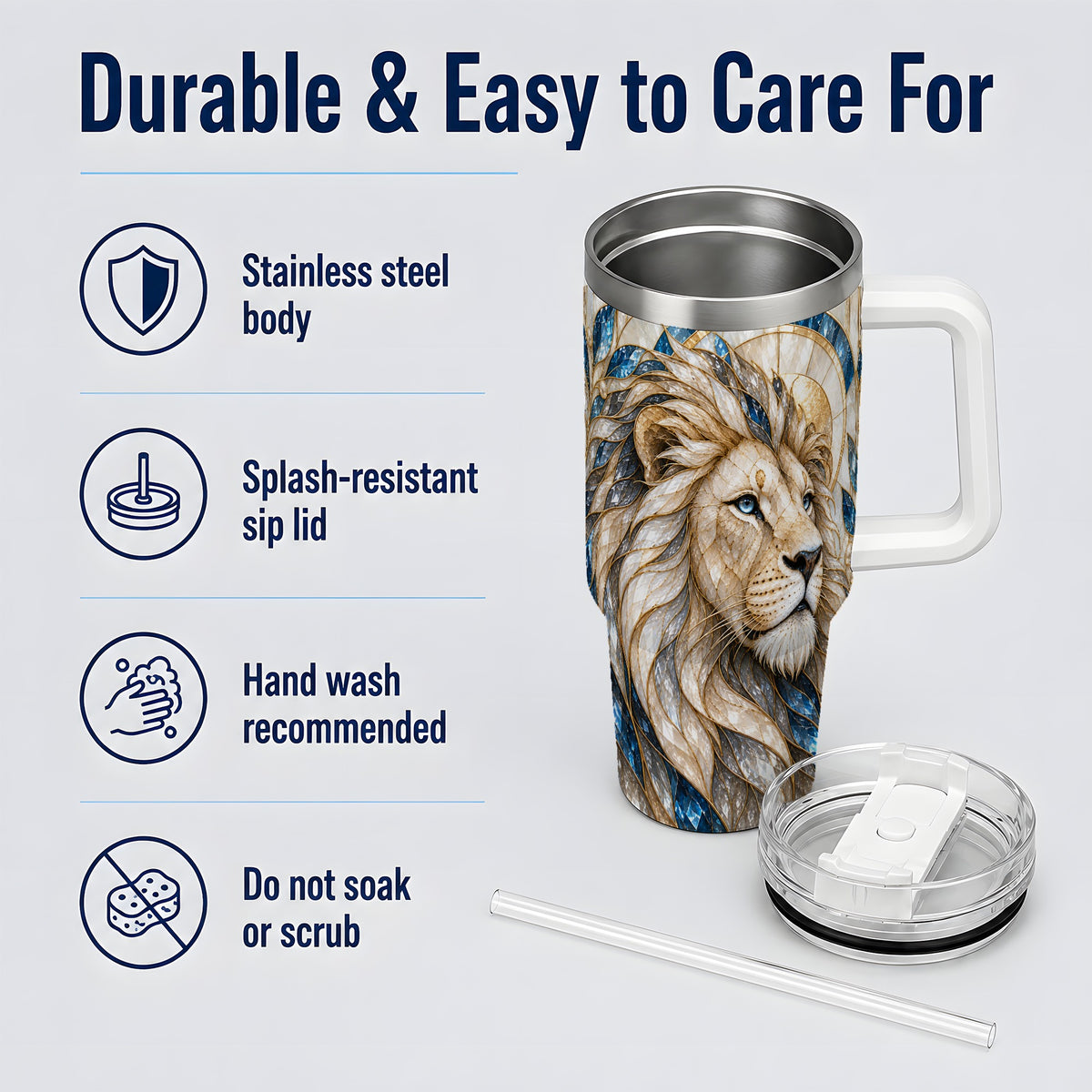 White Lion 40oz Tumbler, Blue Gold Stained Glass Style Artwork