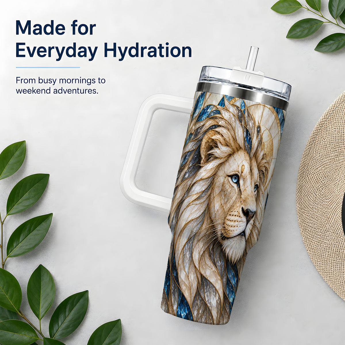 White Lion 40oz Tumbler, Blue Gold Stained Glass Style Artwork