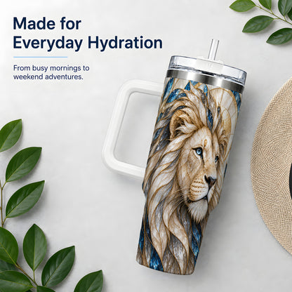 White Lion 40oz Tumbler, Blue Gold Stained Glass Style Artwork