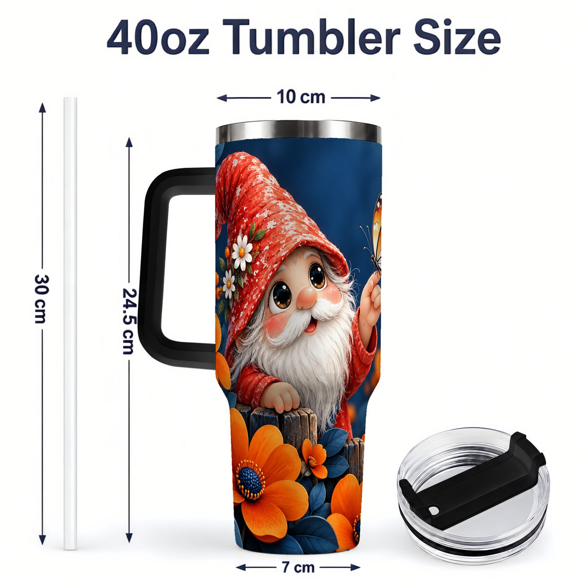 #pl[40oz|Black] Garden Gnome 40oz Tumbler, Butterfly and Orange Floral Artwork