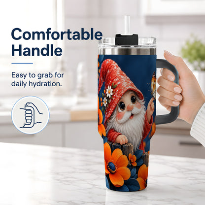 #pl[40oz|Black] Garden Gnome 40oz Tumbler, Butterfly and Orange Floral Artwork