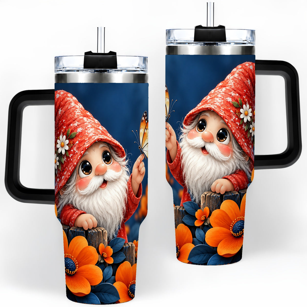 #pl[40oz|Black] Garden Gnome 40oz Tumbler, Butterfly and Orange Floral Artwork