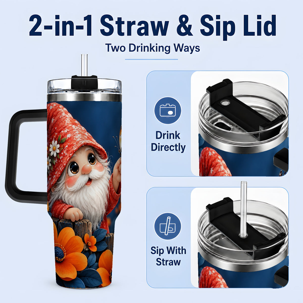 #pl[40oz|Black] Garden Gnome 40oz Tumbler, Butterfly and Orange Floral Artwork