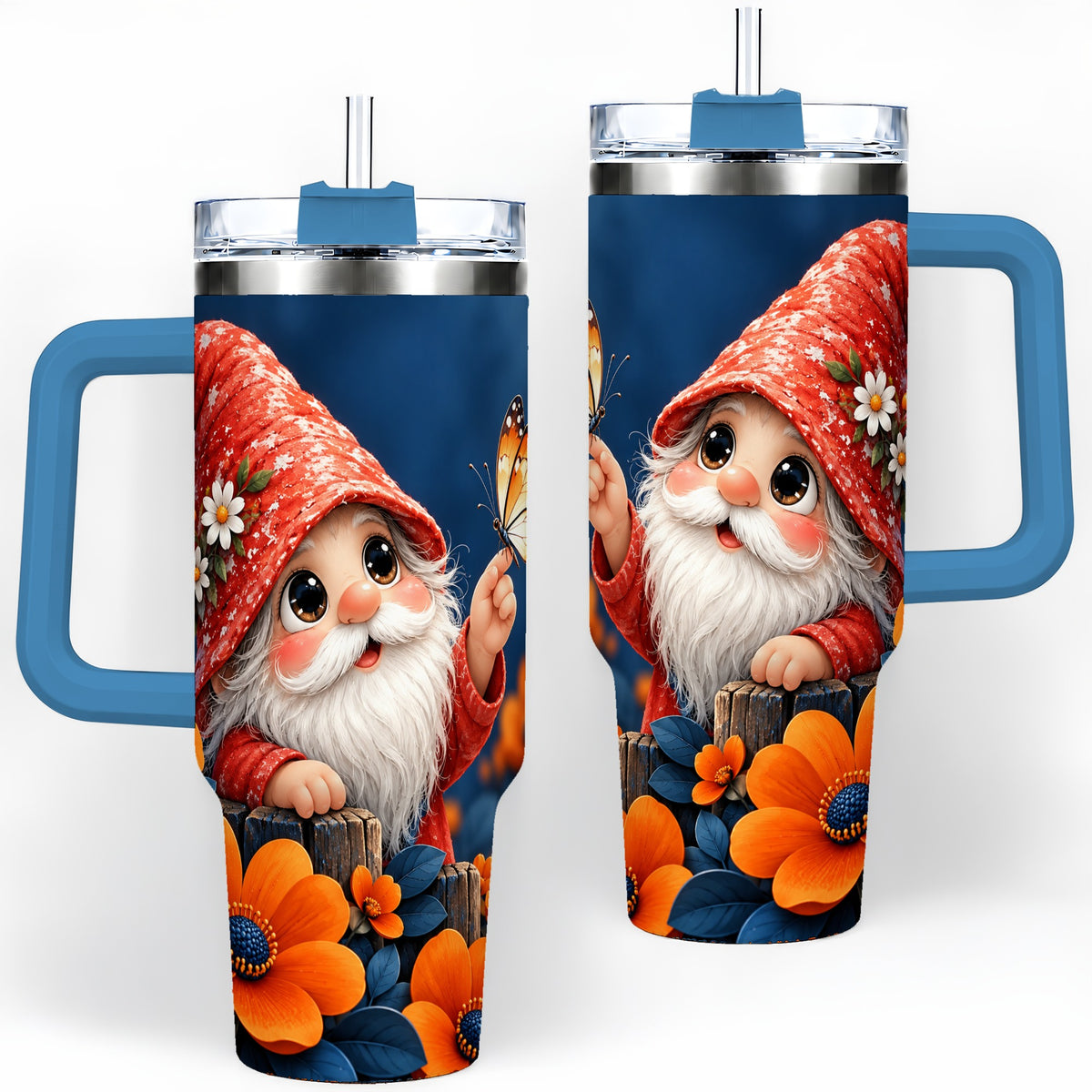 #pl[40oz|Blue] Garden Gnome 40oz Tumbler, Butterfly and Orange Floral Artwork