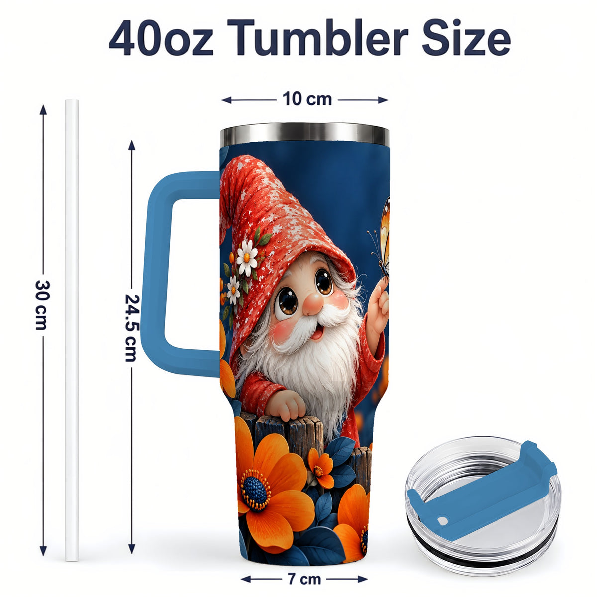 #pl[40oz|Blue] Garden Gnome 40oz Tumbler, Butterfly and Orange Floral Artwork