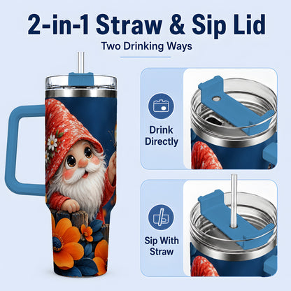 #pl[40oz|Blue] Garden Gnome 40oz Tumbler, Butterfly and Orange Floral Artwork