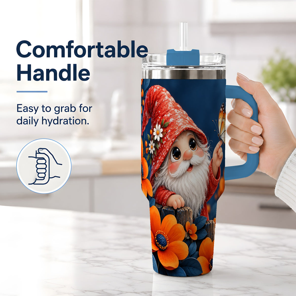 #pl[40oz|Blue] Garden Gnome 40oz Tumbler, Butterfly and Orange Floral Artwork