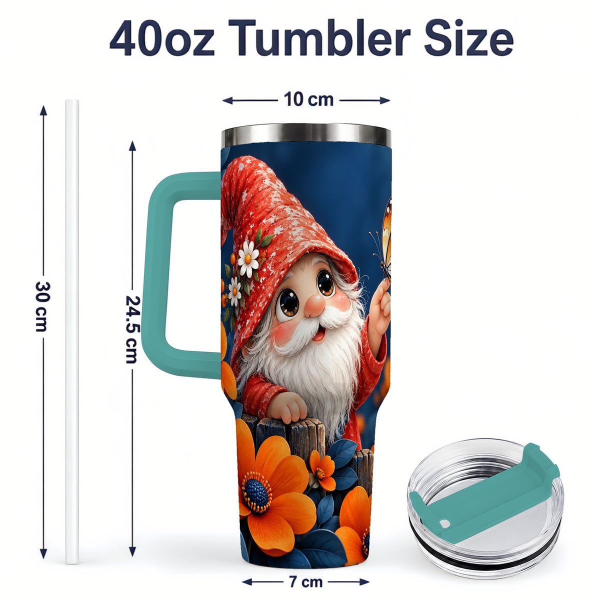 #pl[40oz|Green] Garden Gnome 40oz Tumbler, Butterfly and Orange Floral Artwork