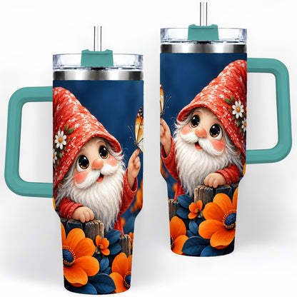 #pl[40oz|Green] Garden Gnome 40oz Tumbler, Butterfly and Orange Floral Artwork