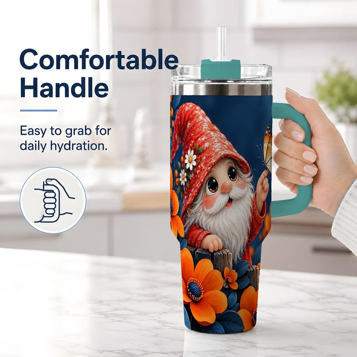 #pl[40oz|Green] Garden Gnome 40oz Tumbler, Butterfly and Orange Floral Artwork