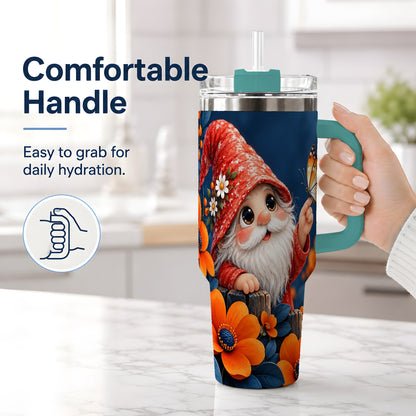 #pl[40oz|Green] Garden Gnome 40oz Tumbler, Butterfly and Orange Floral Artwork