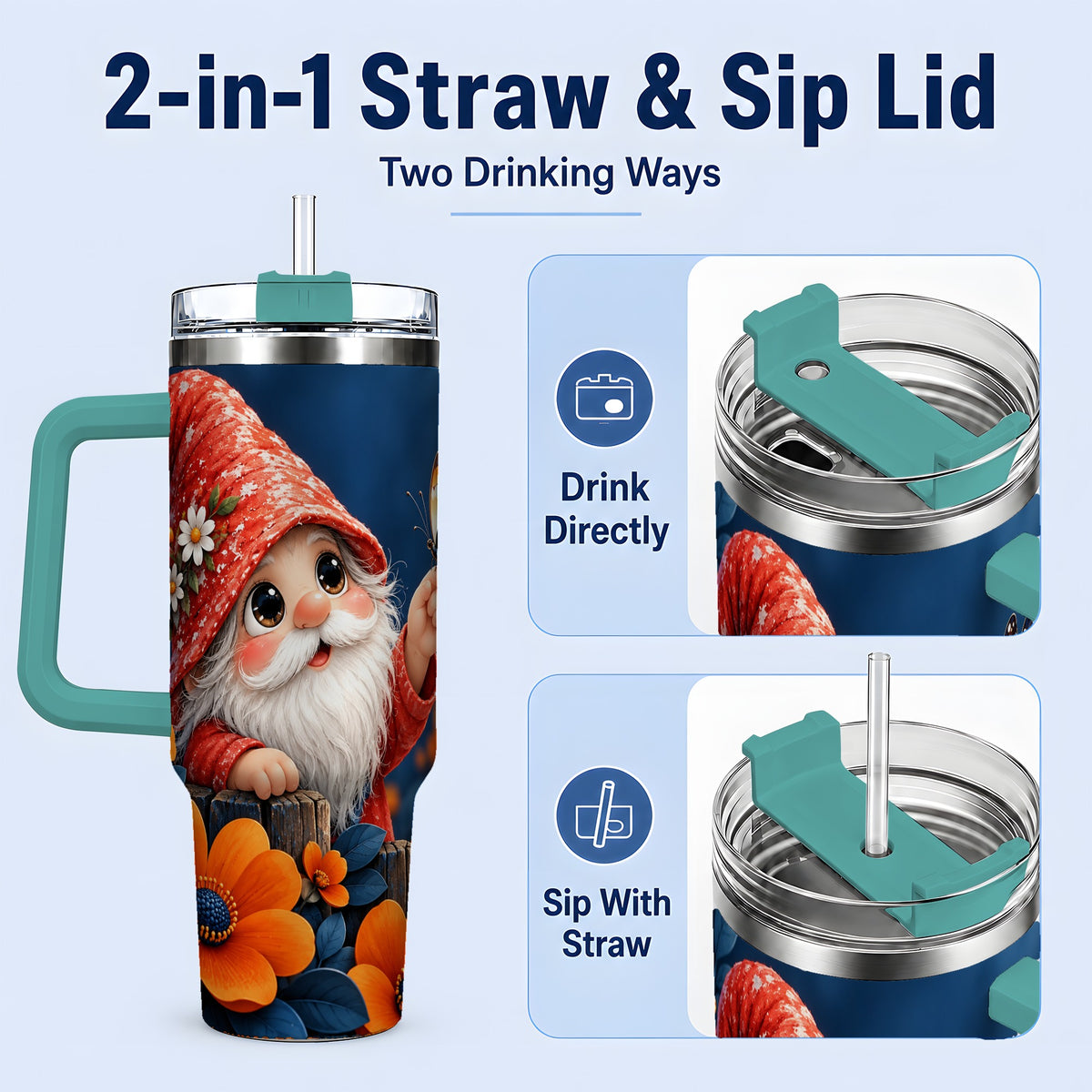 #pl[40oz|Green] Garden Gnome 40oz Tumbler, Butterfly and Orange Floral Artwork