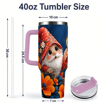 #pl[40oz|Pink] Garden Gnome 40oz Tumbler, Butterfly and Orange Floral Artwork