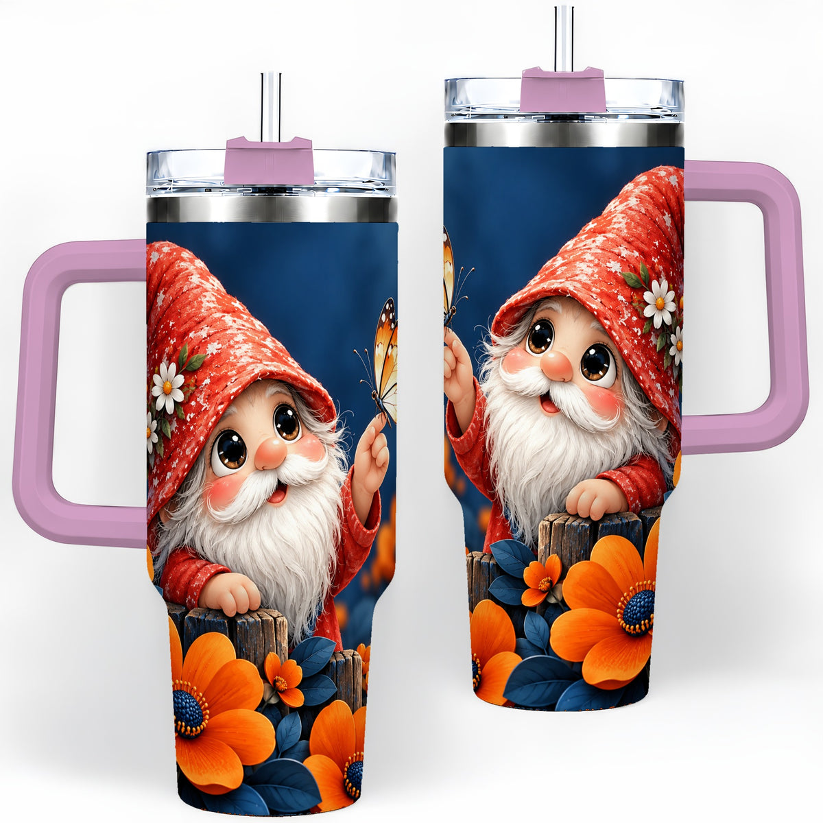#pl[40oz|Pink] Garden Gnome 40oz Tumbler, Butterfly and Orange Floral Artwork