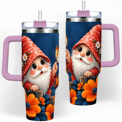 #pl[40oz|Pink] Garden Gnome 40oz Tumbler, Butterfly and Orange Floral Artwork