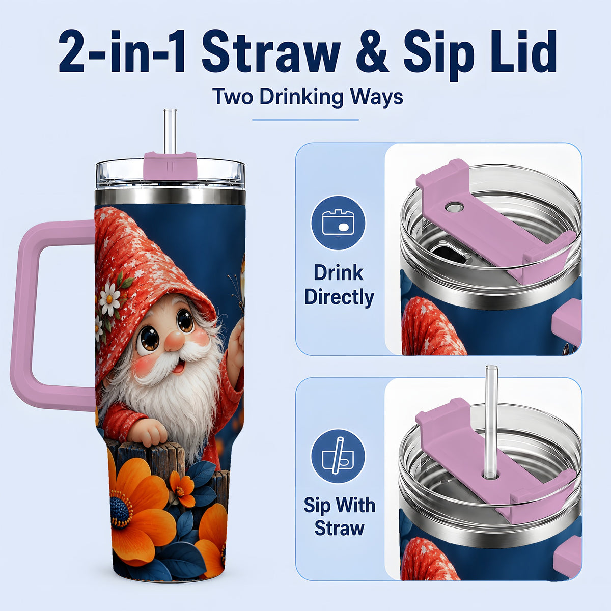 #pl[40oz|Pink] Garden Gnome 40oz Tumbler, Butterfly and Orange Floral Artwork