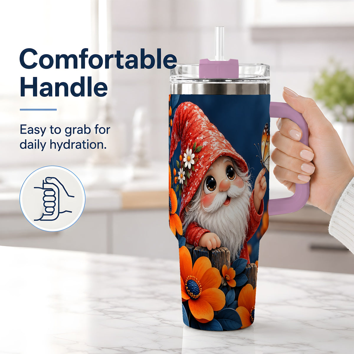 #pl[40oz|Pink] Garden Gnome 40oz Tumbler, Butterfly and Orange Floral Artwork