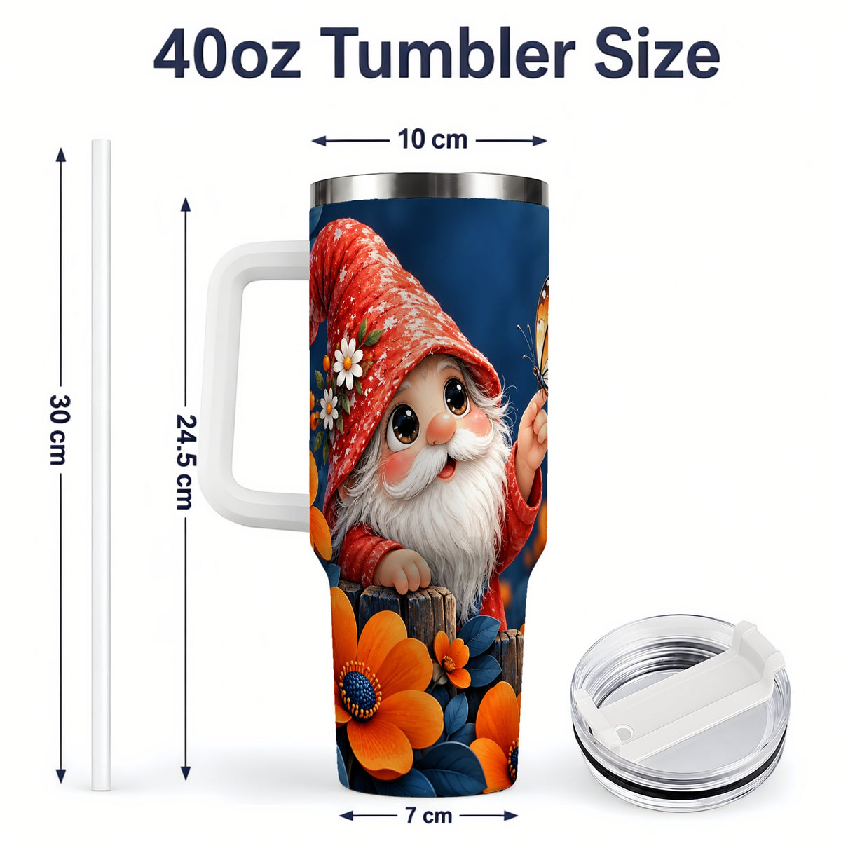 #pl[40oz|White] Garden Gnome 40oz Tumbler, Butterfly and Orange Floral Artwork