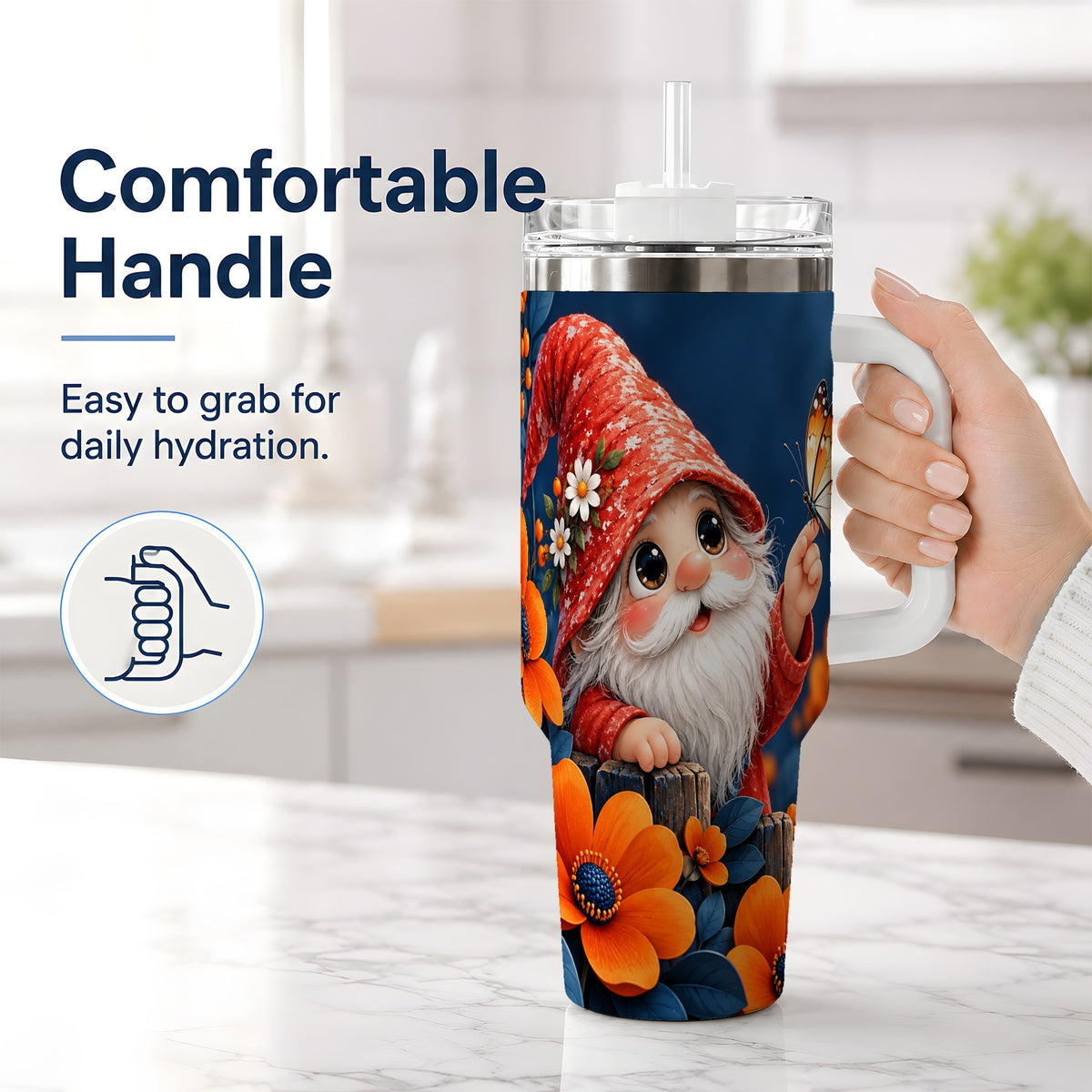 #pl[40oz|White] Garden Gnome 40oz Tumbler, Butterfly and Orange Floral Artwork