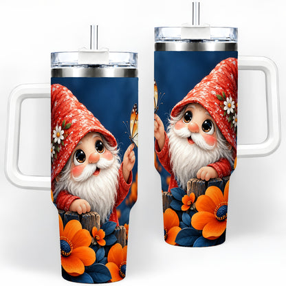 Garden Gnome 40oz Tumbler, Butterfly and Orange Floral Artwork