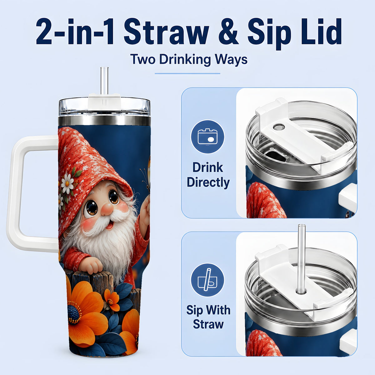 #pl[40oz|White] Garden Gnome 40oz Tumbler, Butterfly and Orange Floral Artwork