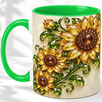 #pl[11oz|Green] Crystal Sunflower Accent Mug, Ceramic Mug with Golden Floral Art