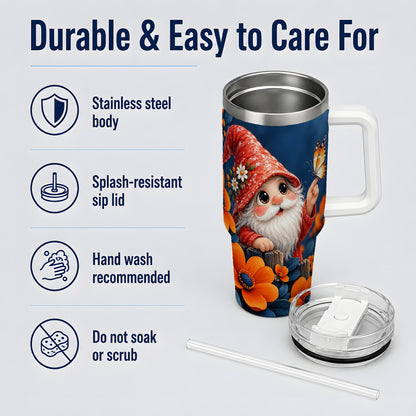 Garden Gnome 40oz Tumbler, Butterfly and Orange Floral Artwork