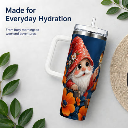 Garden Gnome 40oz Tumbler, Butterfly and Orange Floral Artwork