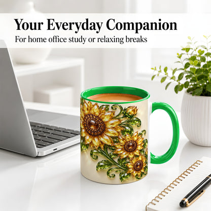 #pl[11oz|Green] Crystal Sunflower Accent Mug, Ceramic Mug with Golden Floral Art
