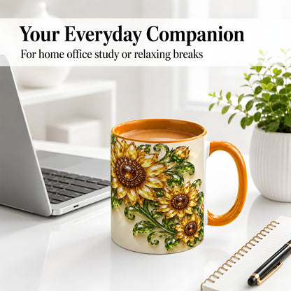 #pl[11oz|Orange] Crystal Sunflower Accent Mug, Ceramic Mug with Golden Floral Art