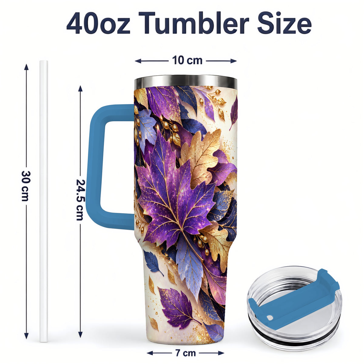 #pl[40oz|Blue] Purple Autumn Leaves 40oz Tumbler, Gold Botanical Leaf Artwork