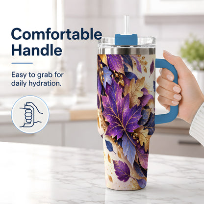 #pl[40oz|Blue] Purple Autumn Leaves 40oz Tumbler, Gold Botanical Leaf Artwork