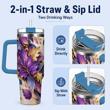 #pl[40oz|Blue] Purple Autumn Leaves 40oz Tumbler, Gold Botanical Leaf Artwork