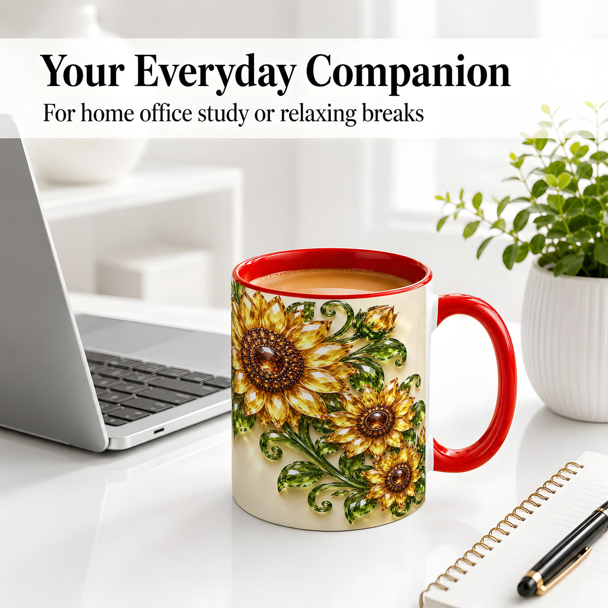 #pl[11oz|Red] Crystal Sunflower Accent Mug, Ceramic Mug with Golden Floral Art